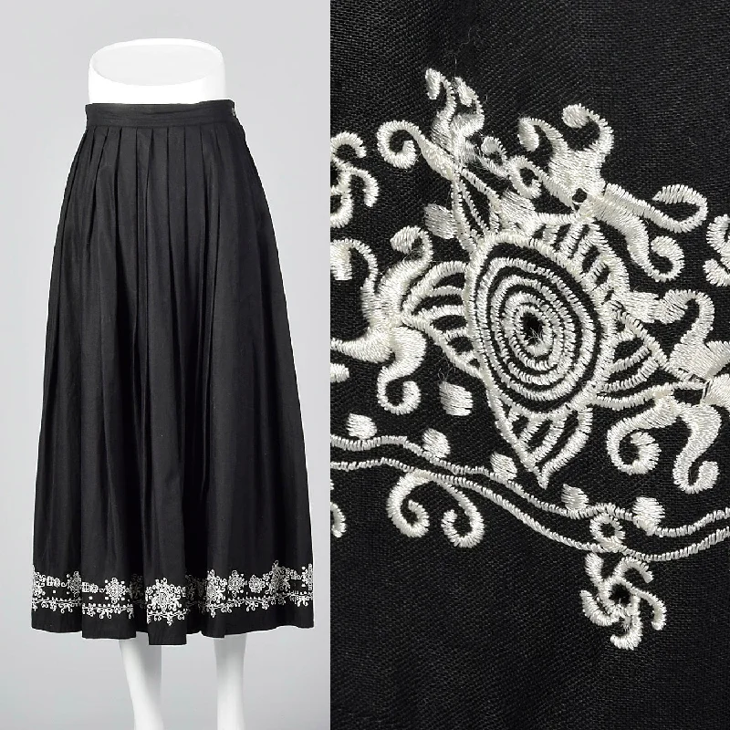 1990s Anne Klein A Line Black Skirt with Embroidered Border wool skirt thick