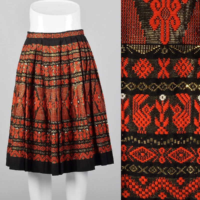 1950s Pleated Black Skirt with Red and Metallic Embroidery wool skirt warm