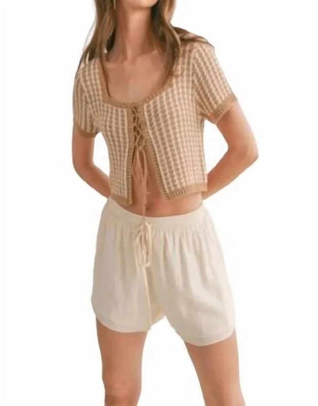 Amore Lace Up Front Crop Sweater In Beige Modern Contemporary Chic