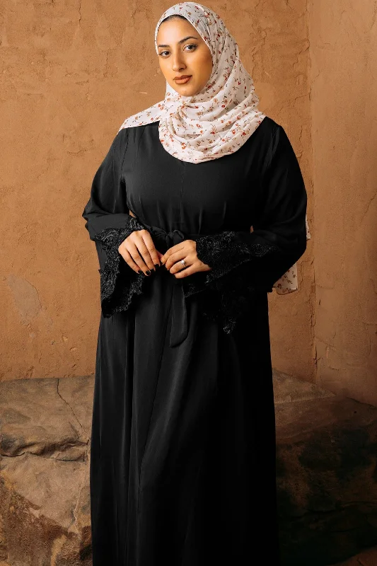 Black Lace Sleeve Front Zipper Abaya Dress Tunics Favorite customer
