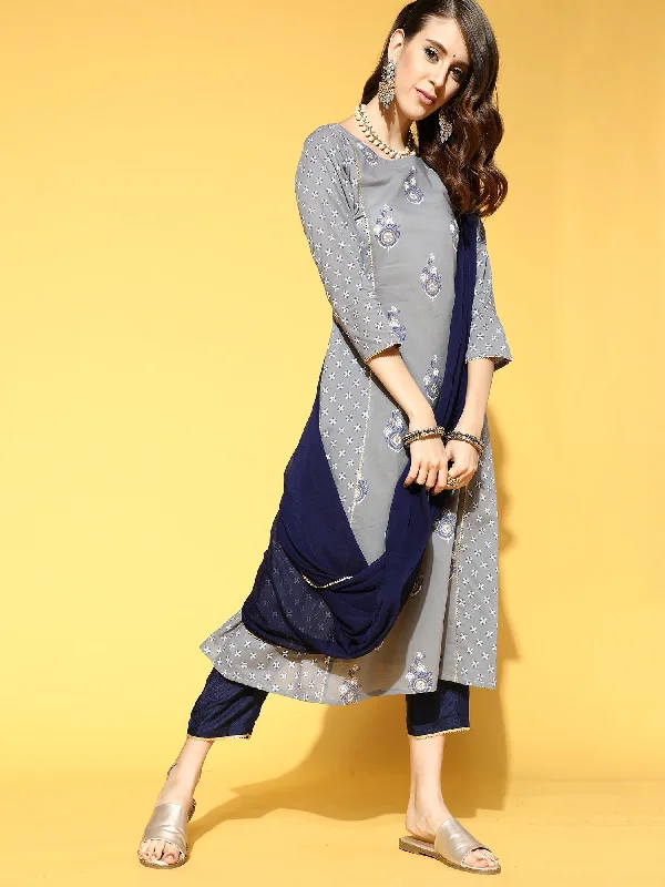 Women's Grey Printed A-Line Kurta Trouser With Dupatta Set - Indo Era Trousers Mesh Breathable Women's Grey Printed A-Line Kurta Trouser With Dupatta Set - Indo Era Trousers Mesh Breathable