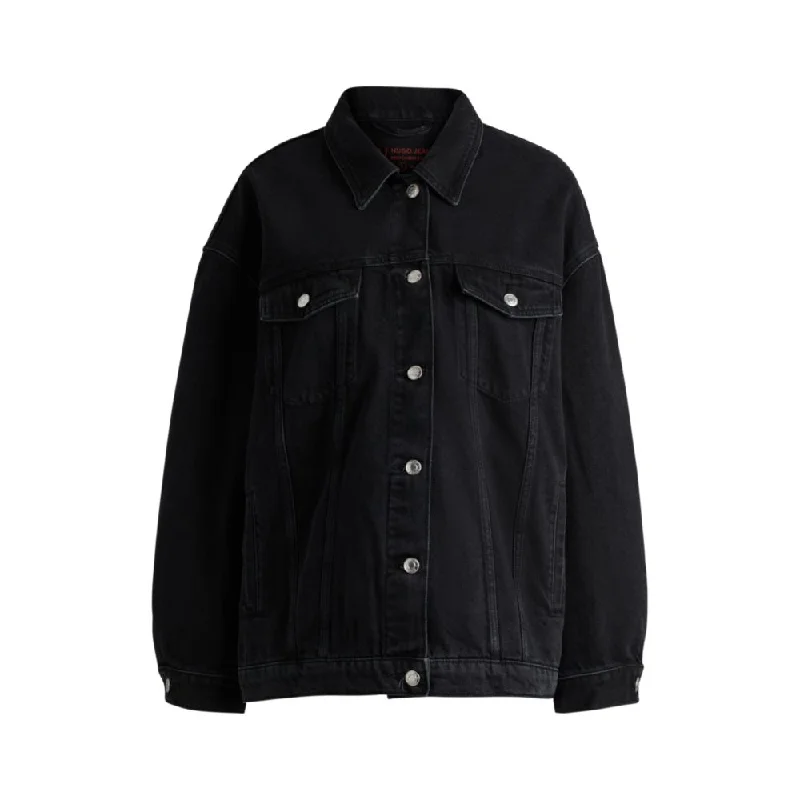 Oversize-fit jacket in black denim with fringing Stand-Up Collar Roll-Neck Collar Turtle Neck Oversize-fit jacket in black denim with fringing Stand-Up Collar Roll-Neck Collar Turtle Neck