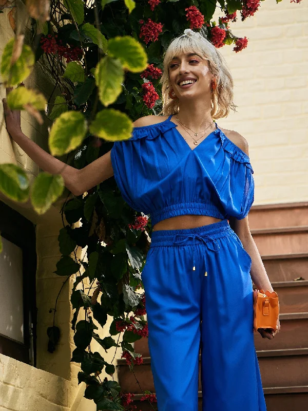 Women Royal Blue Strappy V-Neck Tie Back Crop Top Mesh Fabric Canvas Fabric Denim Fabric