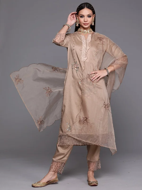Women's Beige Floral Embroidered Straight Kurta Trouser With Dupatta Set - Indo Era Trousers fashionable chic Women's Beige Floral Embroidered Straight Kurta Trouser With Dupatta Set - Indo Era Trousers fashionable chic