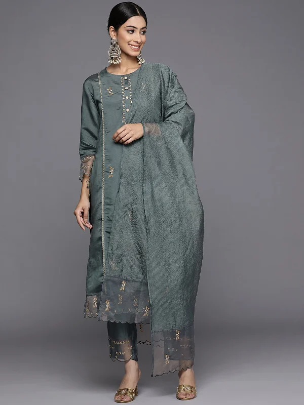Women's Grey Embroidered Straight Kurta Trousers With Dupatta Set - Indo Era Trousers Winter Warm