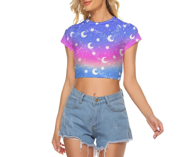 Magical Fairy Time (Rainbow Twilight) Women's Raglan Crop Top Knit Fabric Woven Fabric Fleece Fabric