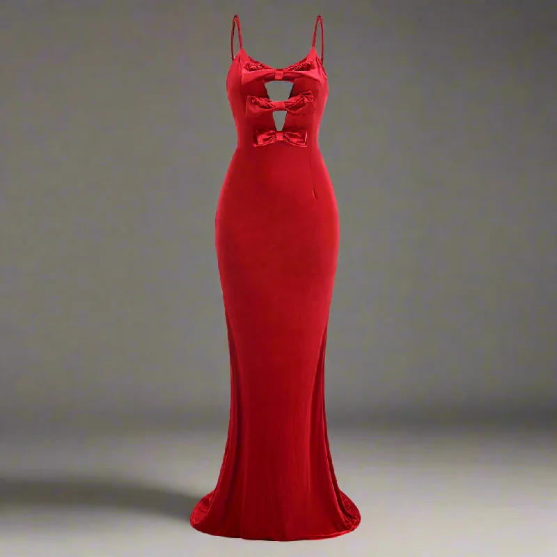 Women's Red Bowknot Velvet Long Tail Dress Tunics Sale discount