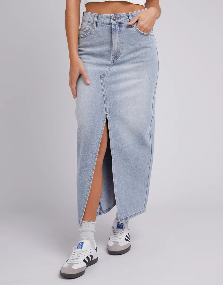 SILENT THEORY Eva Womens Denim Maxi Skirt - Light Blue linen skirt light