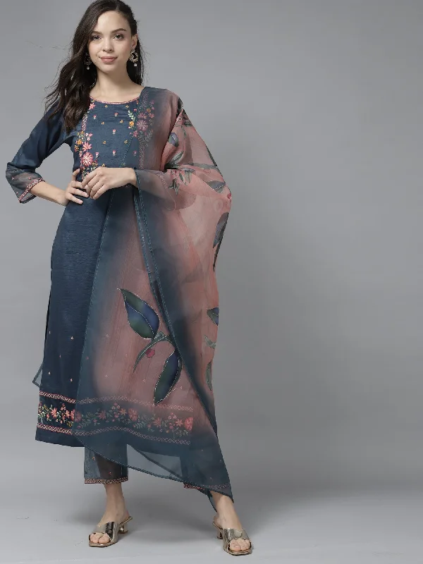 Women's Blue Floral Embroidered Straight Kurta Trouser With Dupatta Set - Indo Era Trousers Recommended Stylist Women's Blue Floral Embroidered Straight Kurta Trouser With Dupatta Set - Indo Era Trousers Recommended Stylist