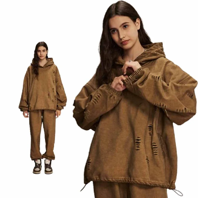 American Style Retro Distressed Sports Hoodie Pants Hoodie with Tied Waist Feminine Flattering American Style Retro Distressed Sports Hoodie Pants Hoodie with Tied Waist Feminine Flattering