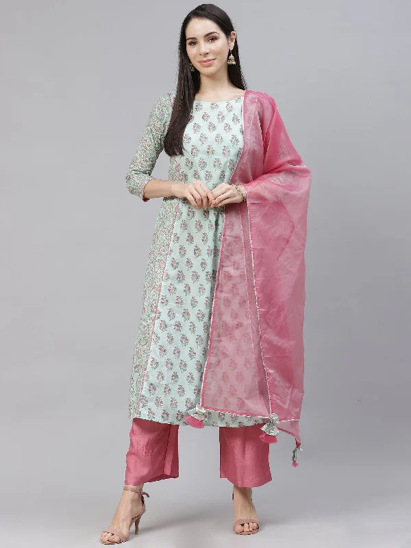 Women's Sea Green Printed A-Line Kurta Trouser With Dupatta Set - Indo Era Trousers Travel Practical Women's Sea Green Printed A-Line Kurta Trouser With Dupatta Set - Indo Era Trousers Travel Practical