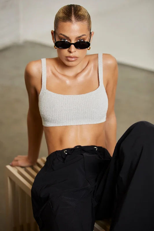 Curved Neck Crop Top in Grey Hooded Caped Shawl Collar