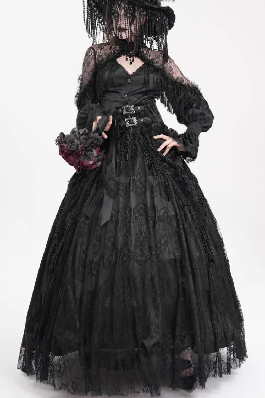 Black Print Embroidery Tassels Buckle-up Lace-Up Women's Gothic Long Skirt silk skirt sleek Black Print Embroidery Tassels Buckle-up Lace-Up Women's Gothic Long Skirt silk skirt sleek