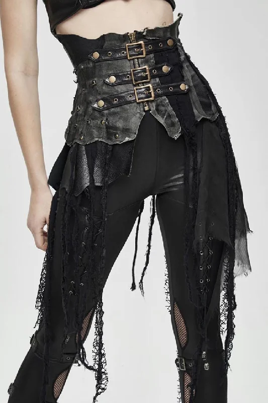 Black Vintage Leather Patchwork Distressed Belted Irregularly Lace Hem Women's Punk Half Skirt high slit skirt Black Vintage Leather Patchwork Distressed Belted Irregularly Lace Hem Women's Punk Half Skirt high slit skirt