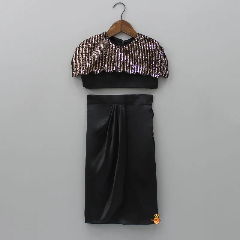 Pre Order: Black Crop Top With Sequined Scalloped Cape And Dhoti Style Skirt Notch Collar Peter Pan Collar Cowl Neck