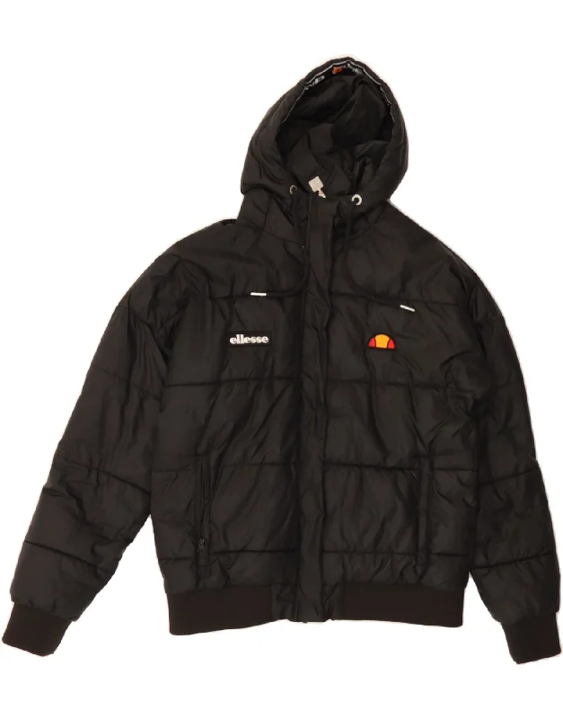 ELLESSE Womens Hooded Padded Jacket UK 6 XS  Black Polyester Faux Fur Jacket Real Fur Jacket Shearling Jacket