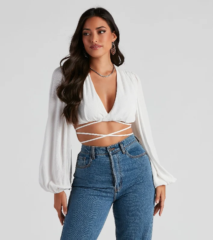 Heat Wave Gauze Wrap Tie Crop Top Boxy Fit Fitted Loose