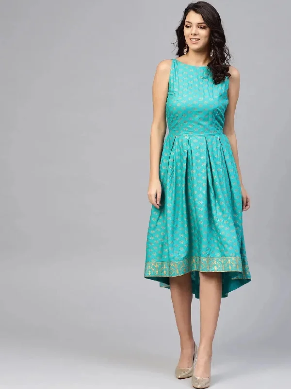 Deep back box pleated Midi Printed Dress in Mint Blue Tunics Polka dots