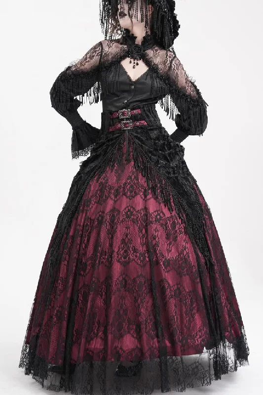 Wine Red Print Embroidery Tassels Buckle-up Lace-Up Women's Gothic Long Skirt leather skirt refined Wine Red Print Embroidery Tassels Buckle-up Lace-Up Women's Gothic Long Skirt leather skirt refined