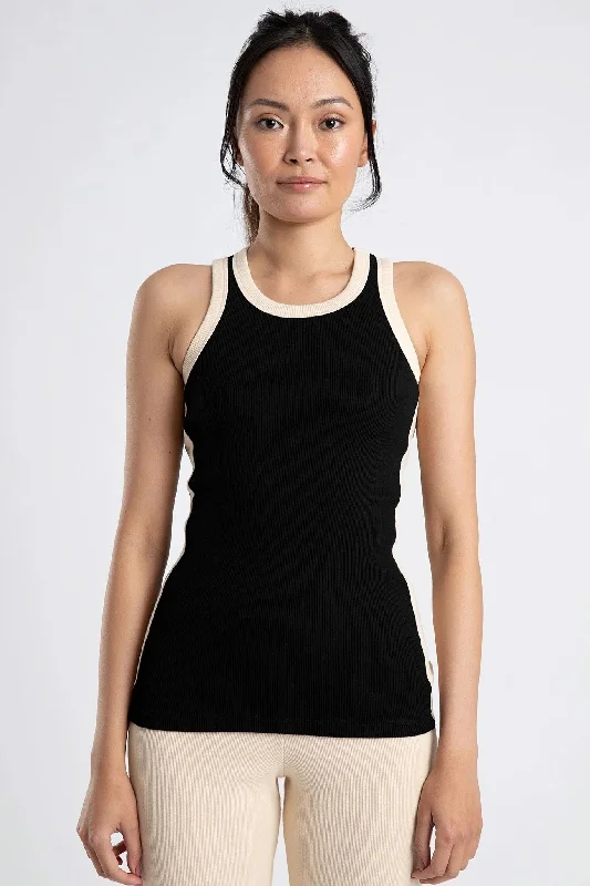 SUMMI SUMMI Womens Racer Tank Black/Cream Stripe cutout tank top