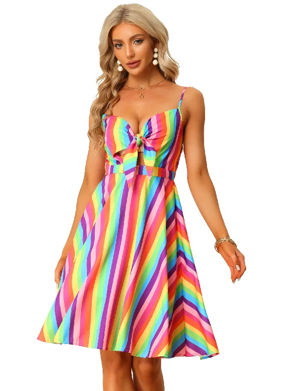 Summer Casual Beach V Neck Tie Front Rainbow Spaghetti Strap Dress Boat Neckline Classic