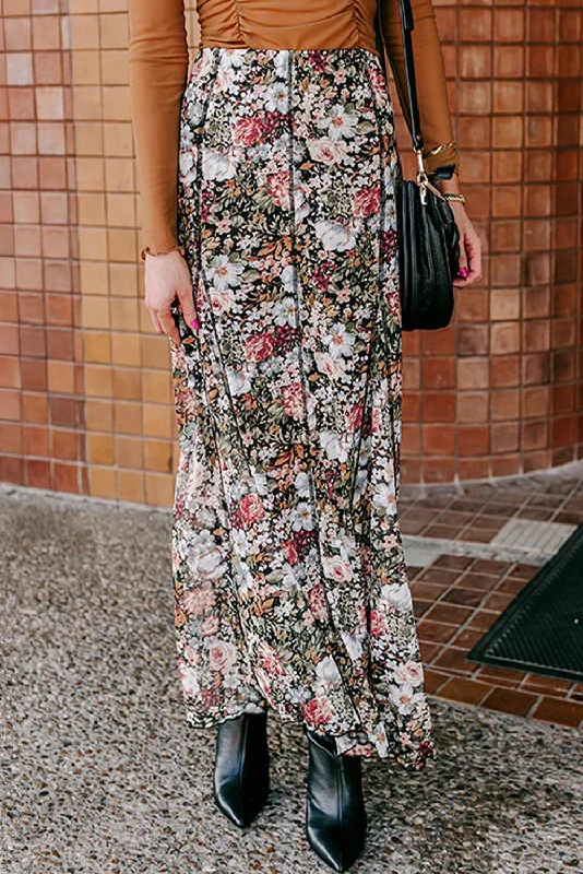 Blue Zone Planet |  Brown Floral Print High Waist Maxi Skirt velvet skirt luxury