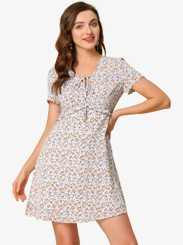 Floral Ruffle Trim Tie Front Short Sleeve Summer Flowy Dress Tunics Practical durable Floral Ruffle Trim Tie Front Short Sleeve Summer Flowy Dress Tunics Practical durable