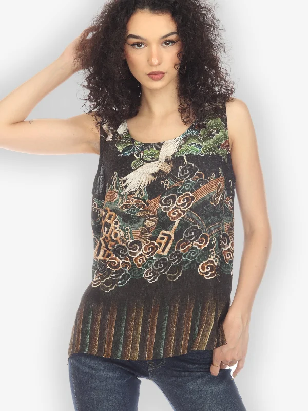 Geometric Waves Border Silk Tank Top one shoulder tank