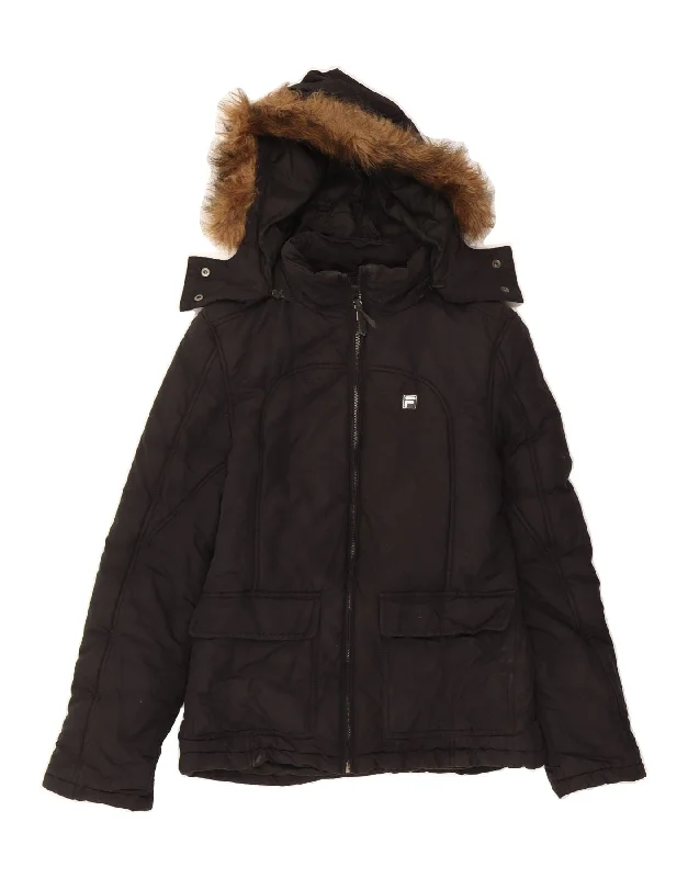 FILA Womens Hooded Padded Jacket UK 10 Small Black Cotton Welt Pockets Slit Pockets Flap Pockets FILA Womens Hooded Padded Jacket UK 10 Small Black Cotton Welt Pockets Slit Pockets Flap Pockets