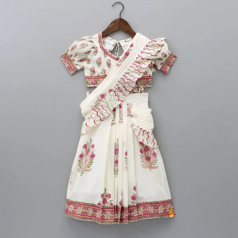 Pre Order: Floral Printed Crop Top and Saree Styled Lehenga With Attached Dupatta Chenille Blend Fleece Blend Nylon Blend