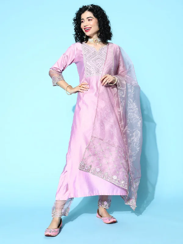 Women's Lavender Embroidered Straight Kurta Trousers With Dupatta Set - Indo Era Trousers New Arrival