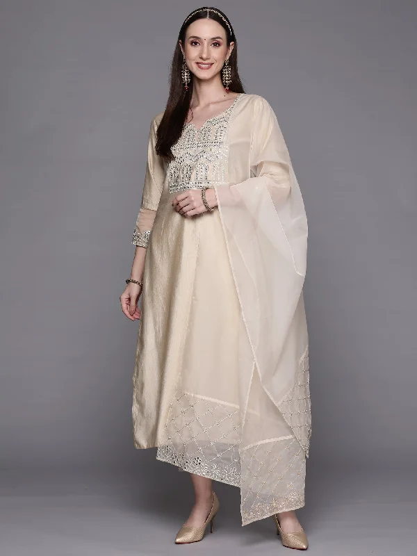 Women's Off White Embroidered Straight Kurta Trousers With Dupatta Set - Indo Era Trousers Sale Discount