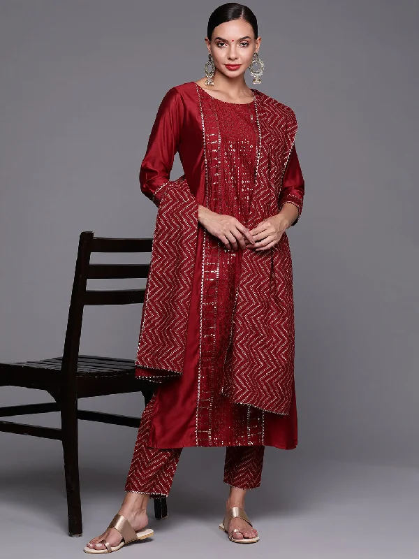 Women's Red Sequinned Straight Kurta Trouser With Dupatta Set - Indo Era Trousers sophisticated sleek Women's Red Sequinned Straight Kurta Trouser With Dupatta Set - Indo Era Trousers sophisticated sleek