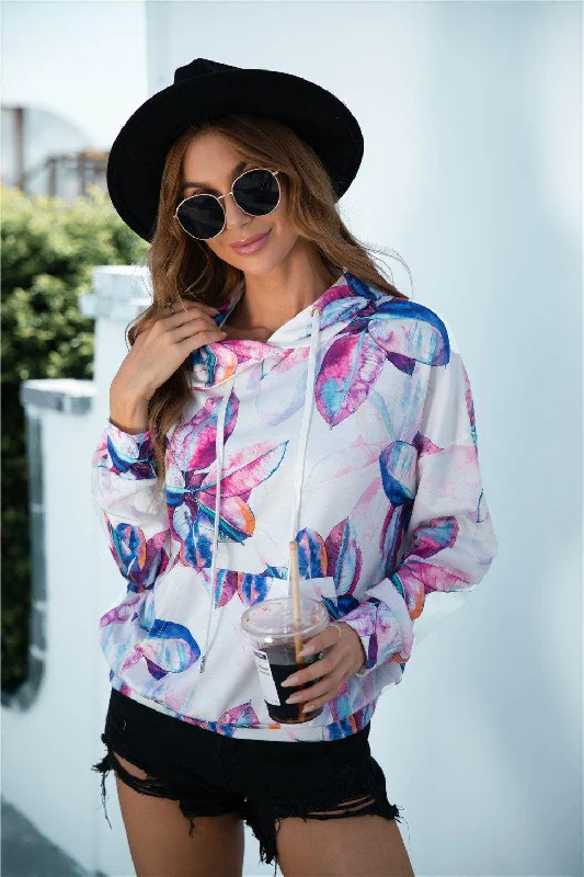 Floral Print Hoodie Hoodie with V-Neck Classic Versatile