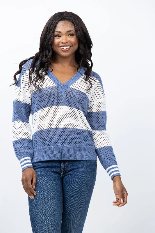 J Society Open Stitch V-Neck Sweater in Denim/White Rayon Fabric Velvet Fabric Corduroy Fabric