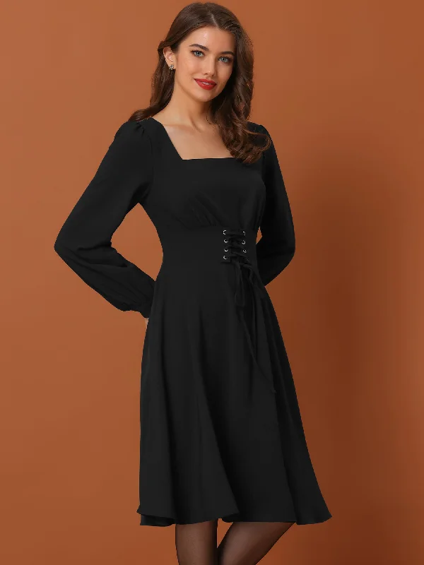 Square Neck Lace Up Lantern Long Sleeve Midi A-Line Dress Tunics Essential wardrobe