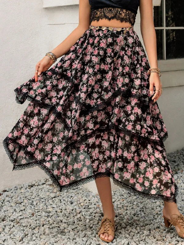 Hazel Blues® |  Lace Detail Layered Printed Skirt cashmere skirt plush