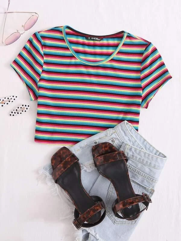 Rib-knit Colorful Striped Crop Top Mesh Fabric Canvas Fabric Denim Fabric