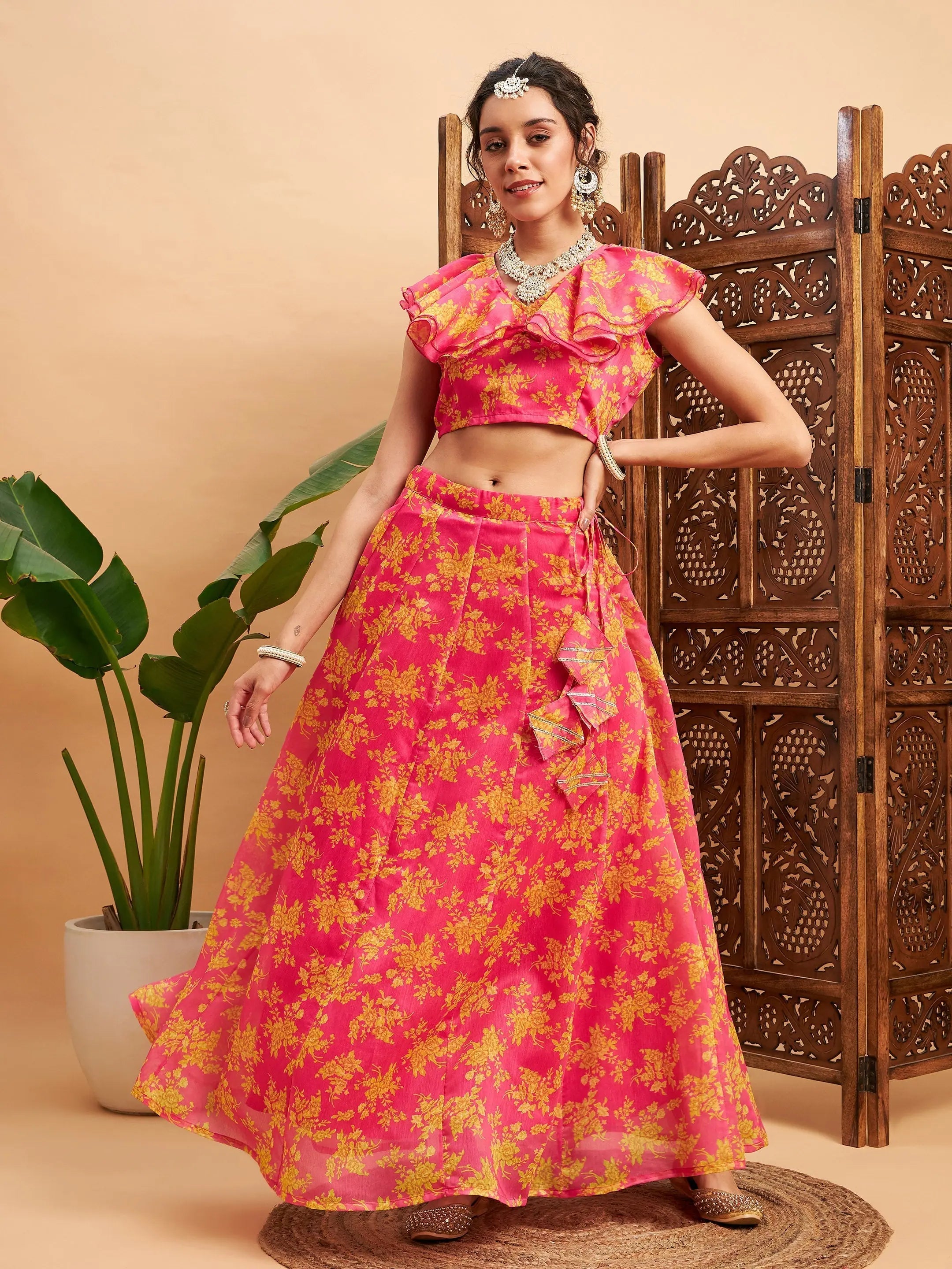 Women Fuchsia Floral Anarkali Skirt With Frill Crop Top Collared Crop Top Boat Neck A-Line