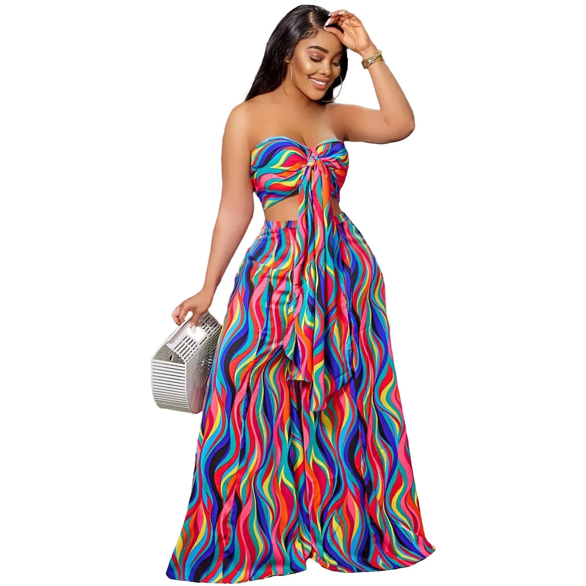 Elegant Striped Women Two 2 Piece Set Outfits Sweatsuit 2024 Summer Bow Crop Top and Loose Dress Pants Matching Set Front Pockets Side Pockets Patch Pockets
