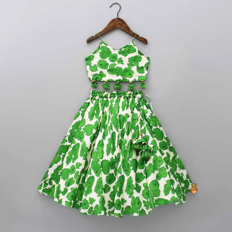 Pre Order: Green Printed Strappy Crop Top With Lehenga Mesh Canvas Denim