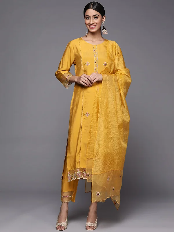 Women's Yellow Embroidered Straight Kurta Trousers With Dupatta Set - Indo Era Trousers Ceremony Elegant Women's Yellow Embroidered Straight Kurta Trousers With Dupatta Set - Indo Era Trousers Ceremony Elegant