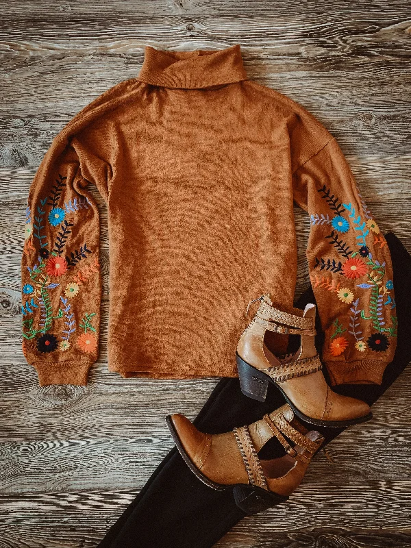 Rust Turtle Neck Sweater with Embroidery Layered Multi-layer Single Layer