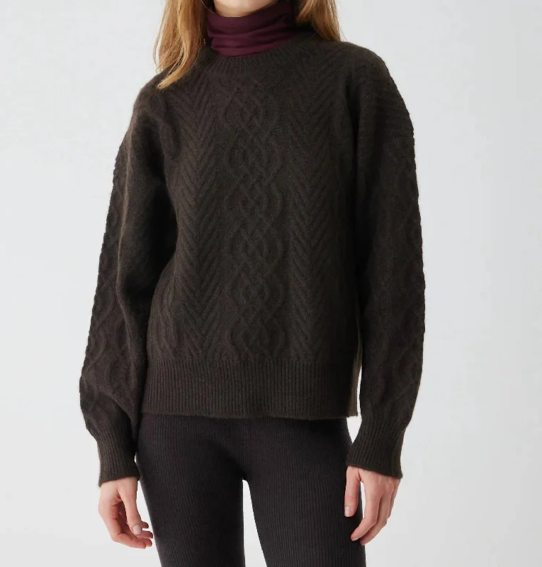 Yak Wool Cable Crewneck Sweater In Brown Stylish Fashionable Trendy