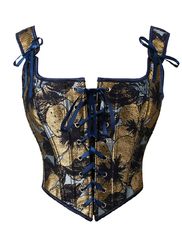 Women's Vintage Floral Printed Square Neck Front Tie Overbust Bustier Corset Crop Top Layered Multi-layer Single Layer
