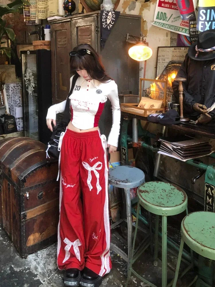 Advbridge Y2k Hot Girls Outfits 2 Piece Set Women Sweet Lace Crop Tops + Red Bow Trousers Autumn Street Harajuku Fashion Pants Sets New Sequined Glittery Shiny