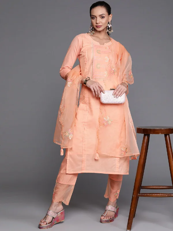 Women's Orange Embroidered Straight Kurta Trouser With Dupatta Set - Indo Era Trousers Exclusive Limited