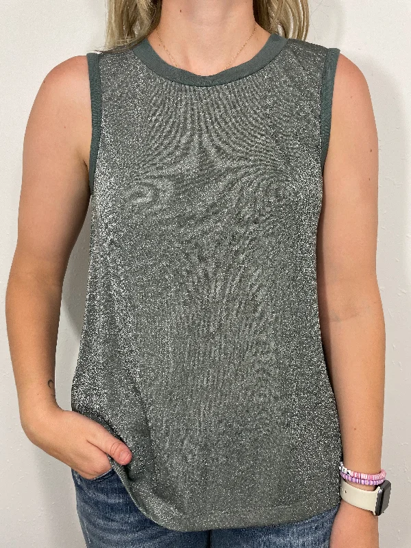 NIGHT ON THE TOWN SHIMMER TANK - SAGE white tank top