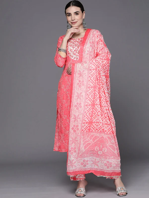 Women's Pink Embroidered Straight Kurta Trousers With Dupatta Set - Indo Era Trousers Brand Named