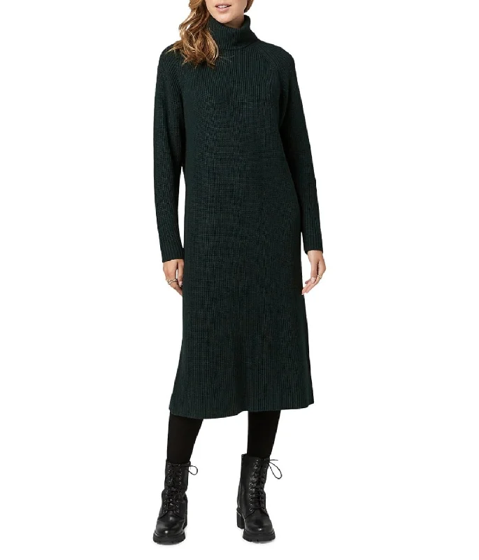 Paityn Long Sleeves Turtleneck Sweater Dress Dark Green Denim Fabric Leather Fabric Suede Fabric